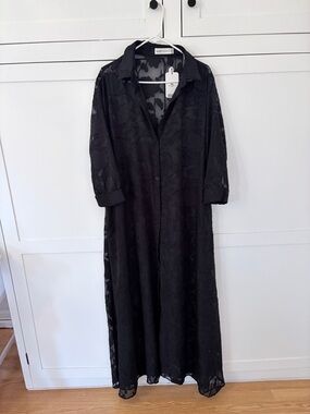 Glory Connection Black Floral Sheer Button Up Long Sleeve Maxi Dress Size XL